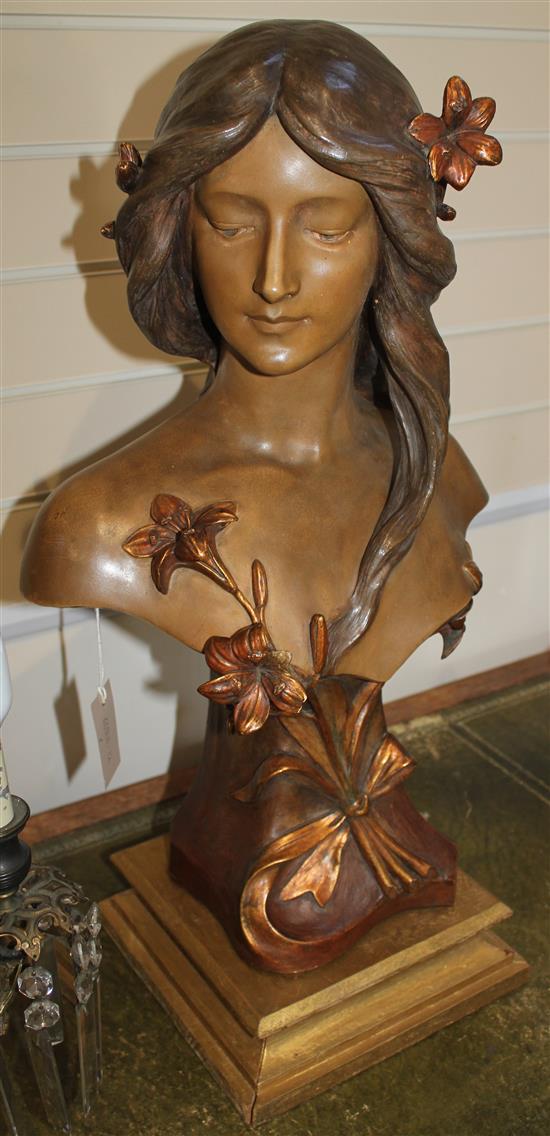 An Art Nouveau Continental painted terracotta bust of a young woman, probably Austrian, overall 27.5in. incl. plinth